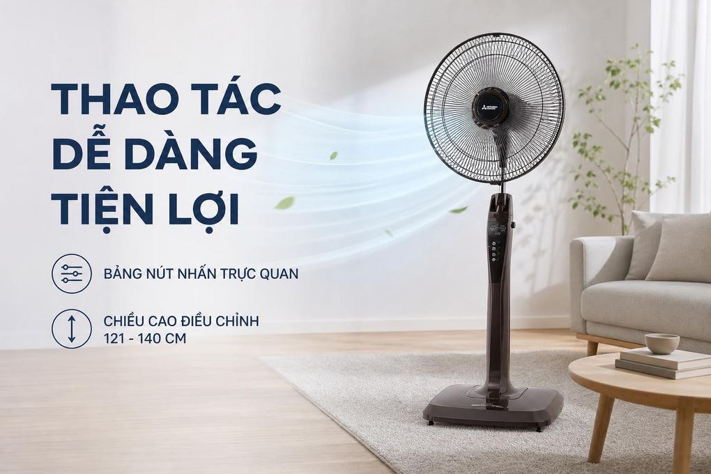 Quạt đứng Mitsubishi 3 cánh điều khiển từ xa 40cm LV16-RB Hàng Thái Lan - Thao tác dễ dàng, tiện lợi với bảng nút nhấn và chiều cao điều chỉnh