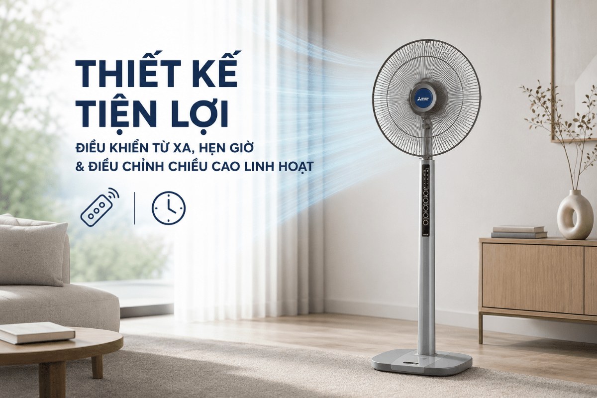 Quạt đứng Mitsubishi 3 cánh điều khiển từ xa 40cm LV16S-RA Hàng Thái Lan - Thiết kế tiện lợi với điều khiển từ xa, hẹn giờ và điều chỉnh chiều cao linh hoạt