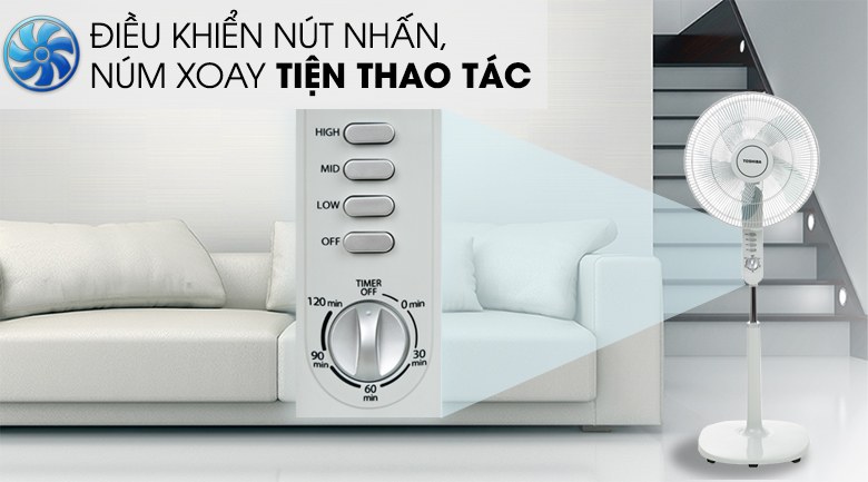 Quạt đứng Toshiba 5 cánh 40cm F-LSA10(H)VN – Màu Xám - Bảng điều khiển nút nhấn 3 chế độ, hẹn giờ đến 120 phút