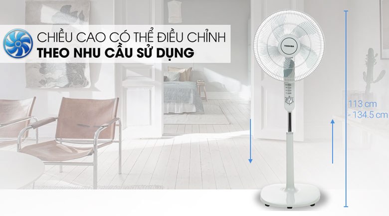 Quạt đứng Toshiba 5 cánh 40cm F-LSA10(H)VN – Màu Xám - Có thể điều chỉnh độ cao quạt từ 113 cm - 134.5 cm phù hợp với nhu cầu sử dụng