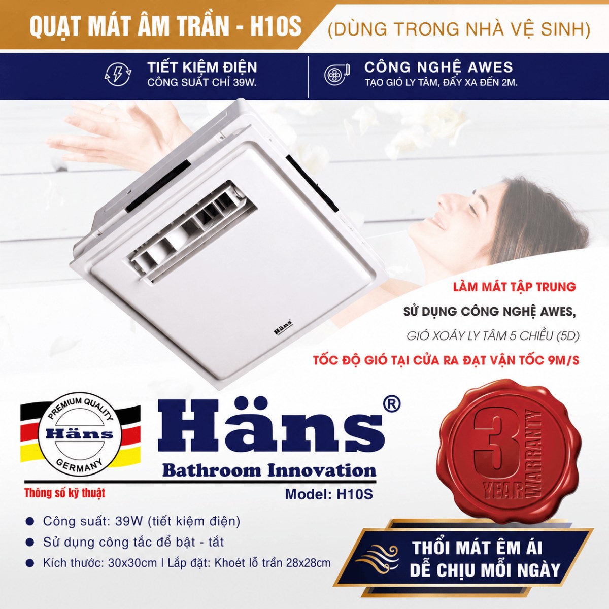 Quạt mát âm trần Hans 39W H10S - Làm mát phòng tắm, phòng bếp