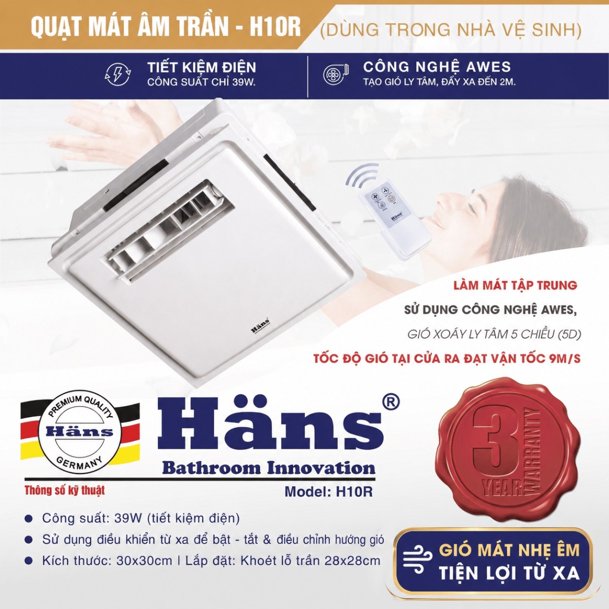 Quạt mát âm trần Hans điều khiển từ xa 39W H10R - Làm mát phòng tắm, phòng bếp