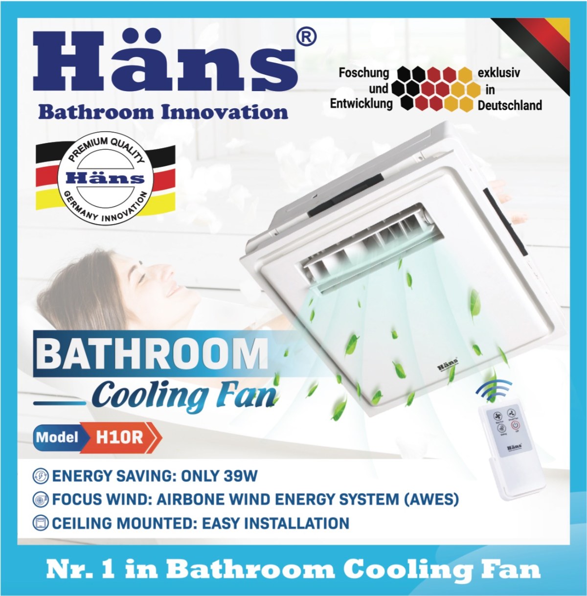 Quạt mát âm trần Hans điều khiển từ xa 39W H10R - Lắp âm trần gọn gàng