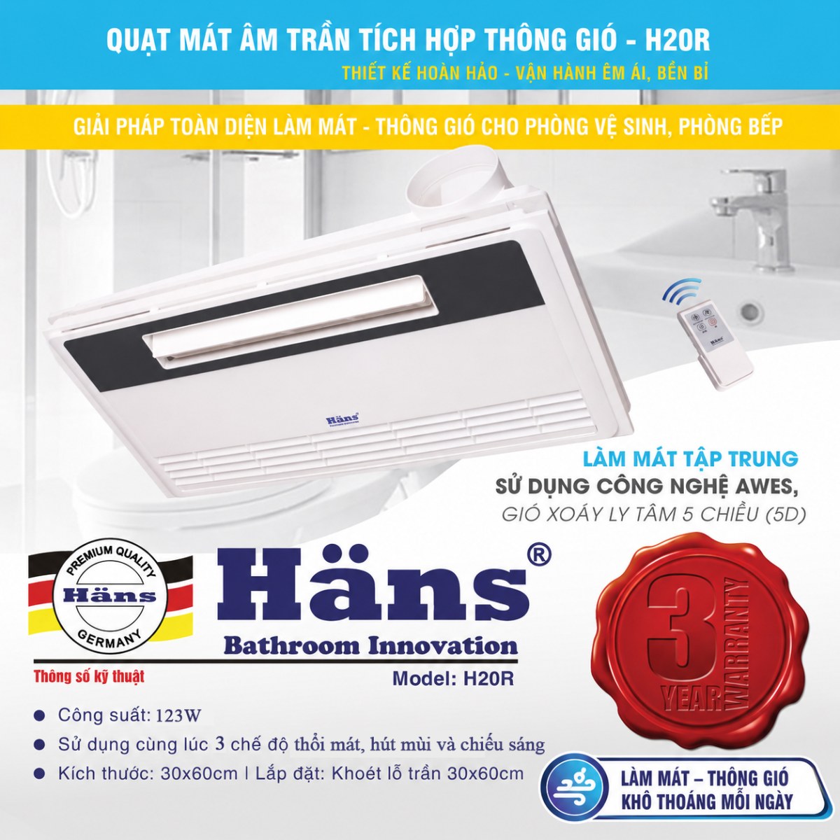 Quạt mát âm trần Hans tích hợp thông gió điều khiển từ xa 123W H20R - Làm mát phòng tắm, phòng bếp