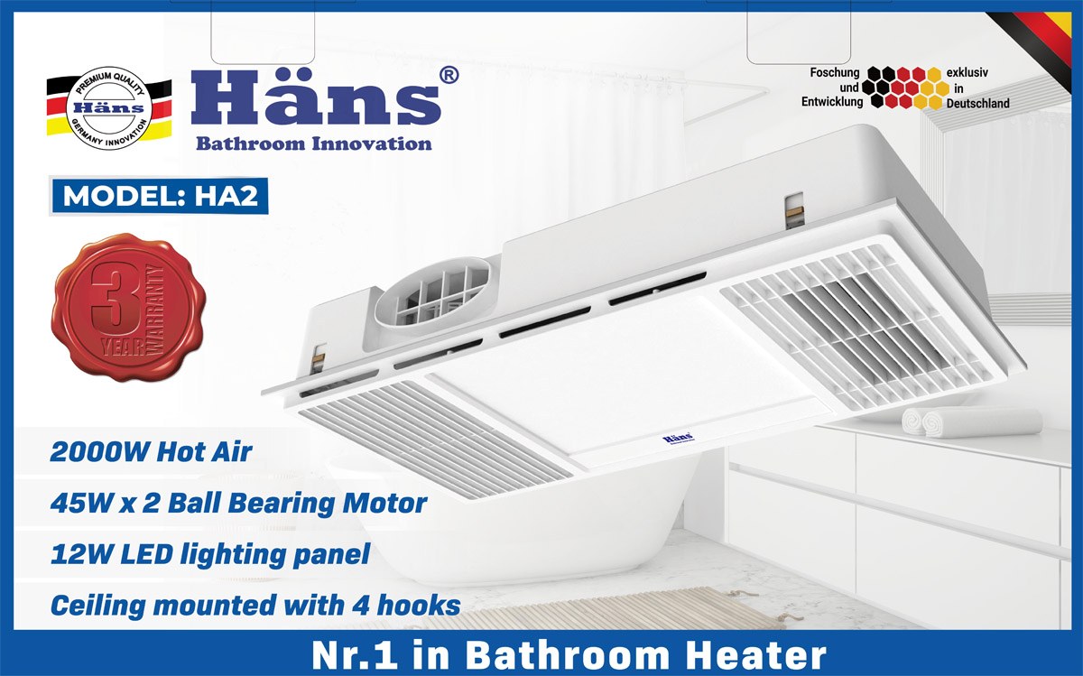 Quạt sưởi âm trần đa năng 4 trong 1 Hans 2130W HA2 - Đa năng: chiếu sáng, làm mát, sưởi ấm, thông gió