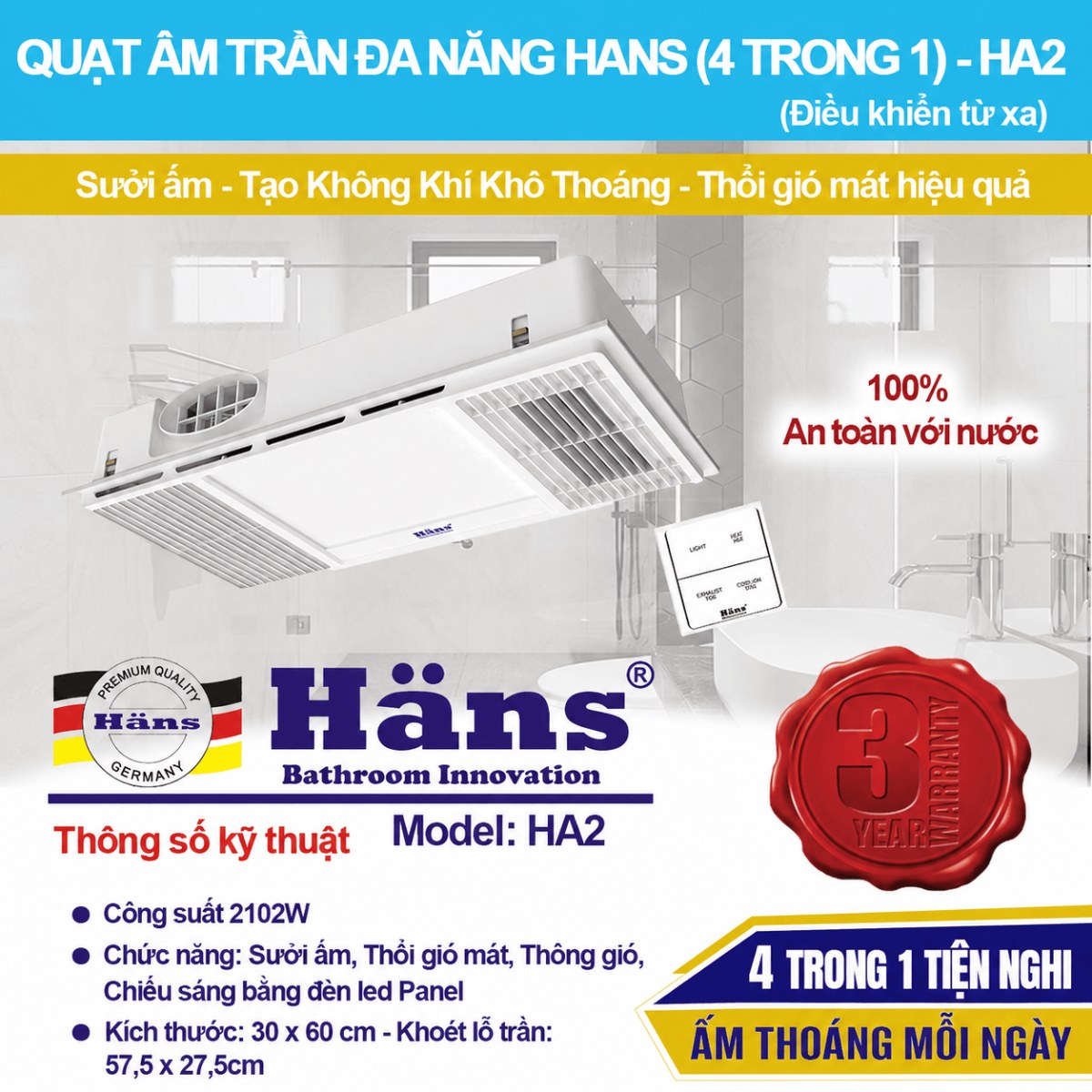 Quạt sưởi âm trần đa năng 4 trong 1 Hans 2130W HA2 - Sưởi ấm nhanh bằng Gốm PTC ceramic