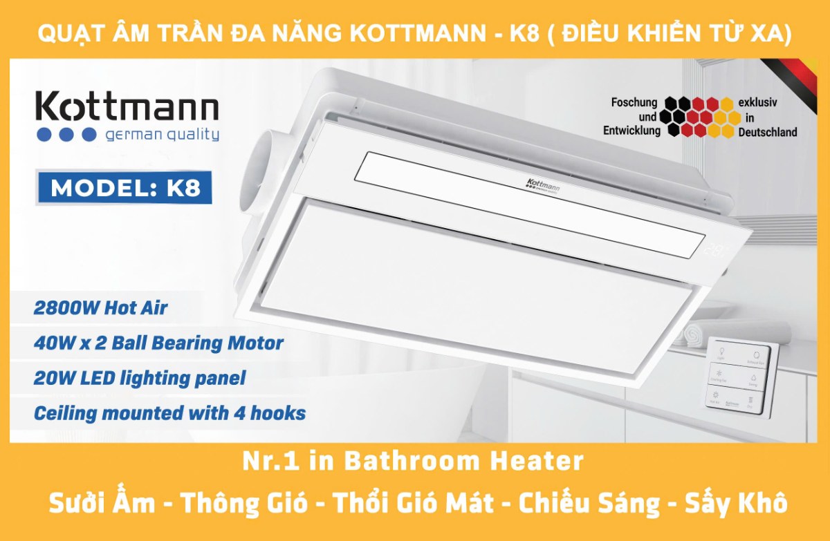 Quạt sưởi âm trần đa năng Kottmann 2900W K8 - Điều khiển từ xa tiện lợi