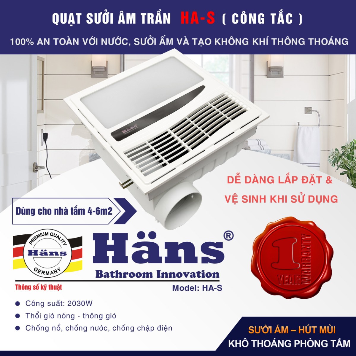 Quạt sưởi âm trần Hans kèm thông gió 2030W HAS - Sưởi ấm nhanh