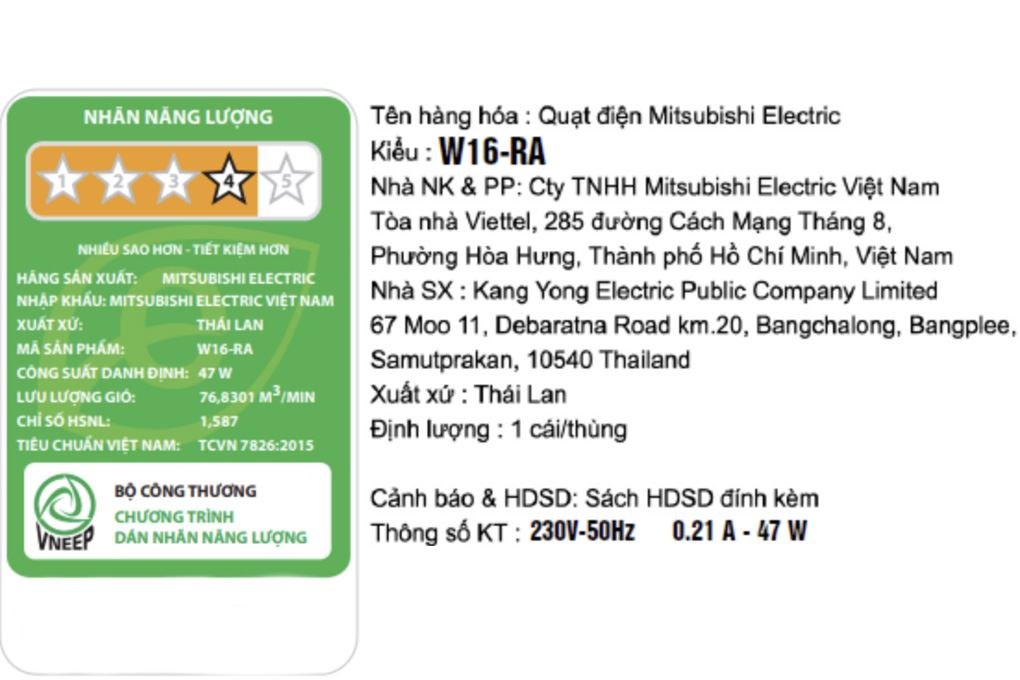 Quạt treo tường Mitsubishi 3 cánh điều khiển từ xa 40cm W16-RA Hàng Thái Lan - Motor bạc đạn không chổi than