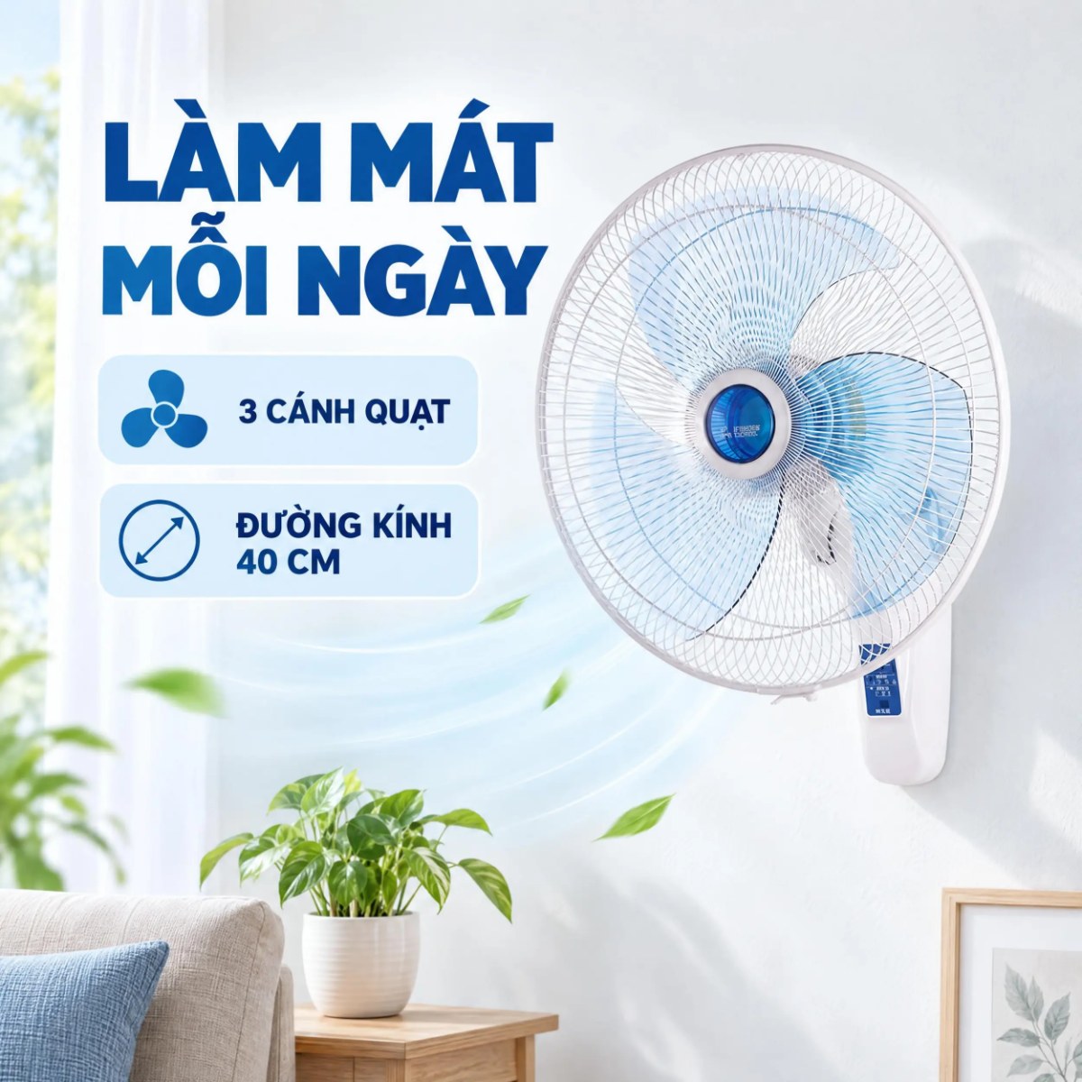 Quạt treo tường Mitsubishi 3 cánh điều khiển từ xa 40cm W16-RA Hàng Thái Lan - Thiết kế treo tường tiết kiệm diện tích sàn