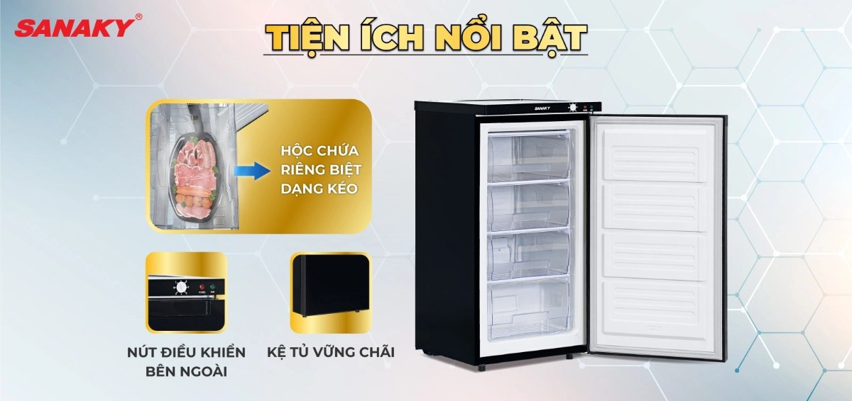 Tủ đông đứng Sanaky Inverter 118 lít VH-160VD3 - Nhiều tiện ích đi kèm