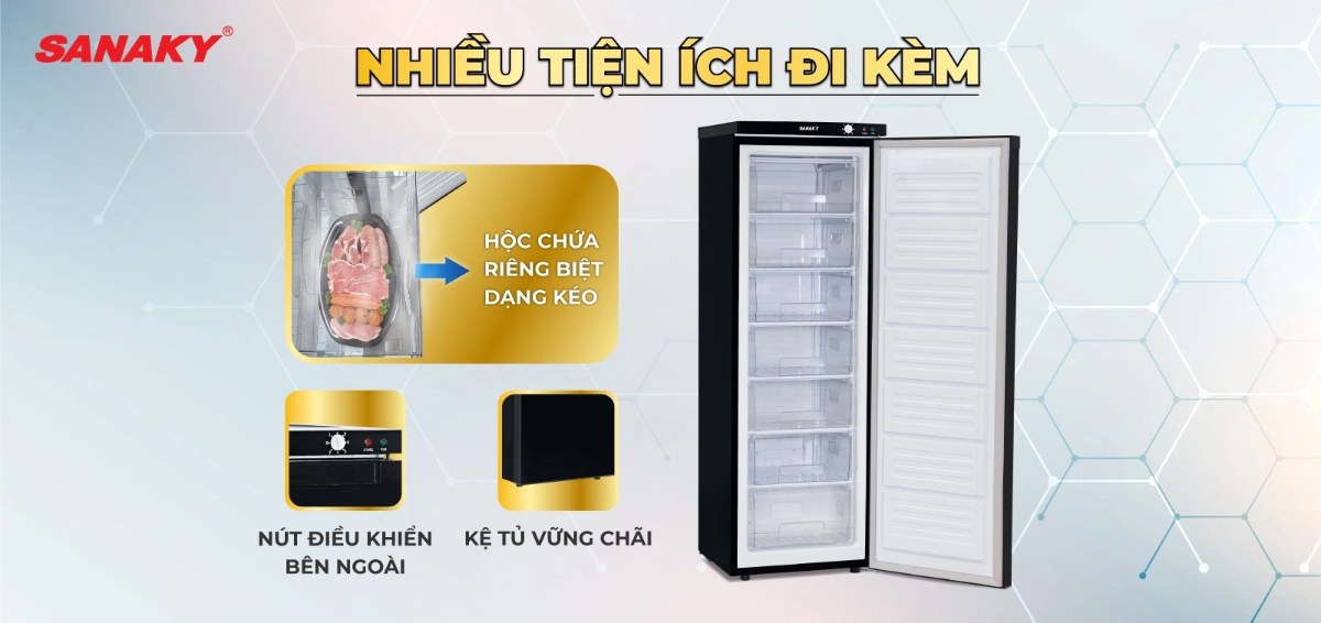 Tủ đông đứng Sanaky Inverter 213 lít VH-230VD3 - Nhiều tiện ích đi kèm