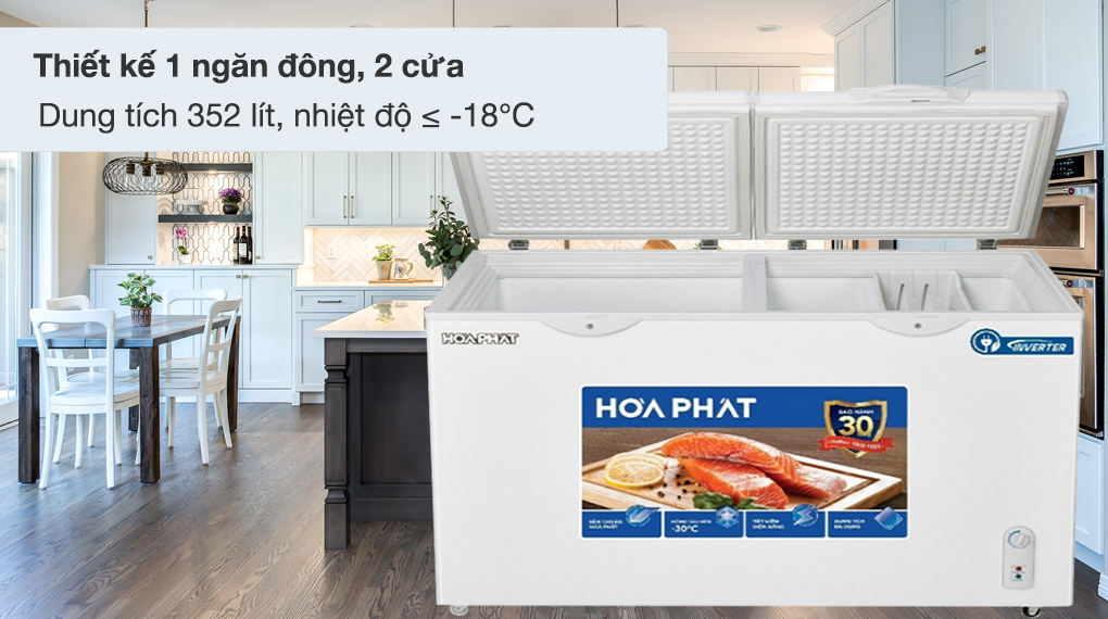 Tủ đông Hòa Phát Inverter 352 Lít HPF AD8352 - Thiết kế 1 ngăn đông, 2 cửa, dung tích 352 lít, nhiệt độ dưới -18 độ C Tủ đông Hòa Phát Inverter 352 Lít HPF AD8352 - Thiết kế 1 ngăn đông, 2 cửa, dung tích 352 lít, nhiệt độ dưới -18 độ C