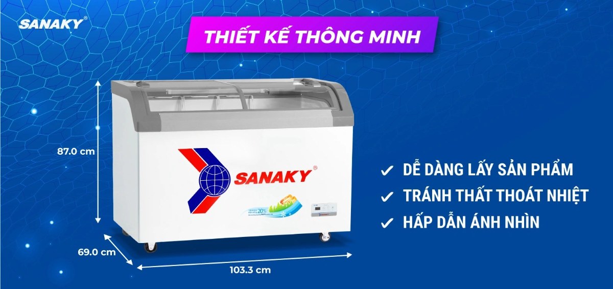 Tủ đông kính lùa Sanaky 280 lít VH-3899KB - Mặt kính cong giúp trưng bày tối ưu
