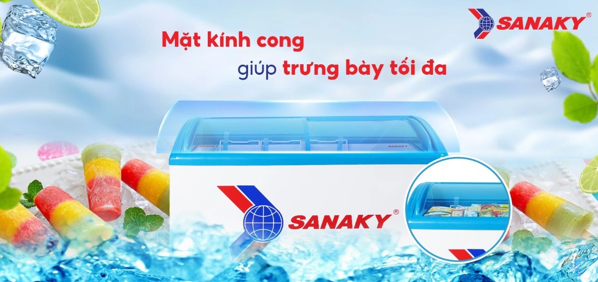 Tủ đông kính lùa Sanaky 324 lít VH-4899K - Mặt kính cong giúp trưng bày tối ưu