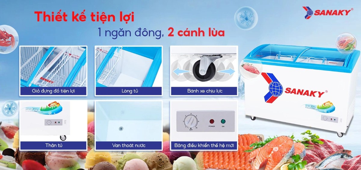 Tủ đông kính lùa Sanaky 324 lít VH-4899K - Thiết kế tiện lợi 1 ngăn đông 2 cánh lùa