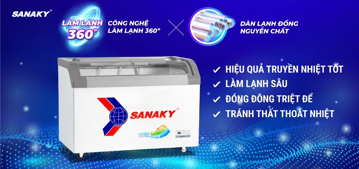 Tủ đông kính lùa Sanaky 350 lít VH-4899KB - Dàn lạnh đồng kết hợp Công nghệ làm lạnh 360 độ