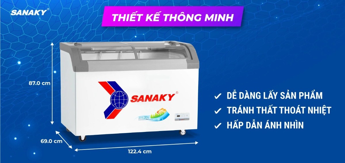 Tủ đông kính lùa Sanaky 350 lít VH-4899KB - Mặt kính cong giúp trưng bày tối ưu