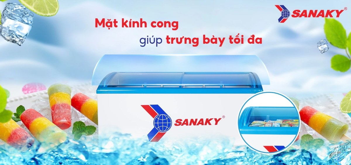 Tủ đông kính lùa Sanaky 437 lít VH-6899K - Mặt kính cong giúp trưng bày tối ưu