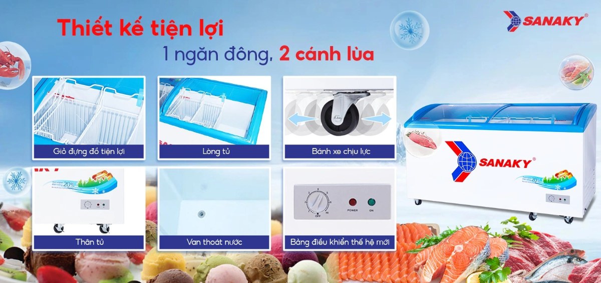 Tủ đông kính lùa Sanaky 437 lít VH-6899K - Thiết kế tiện lợi 1 ngăn đông 2 cánh lùa