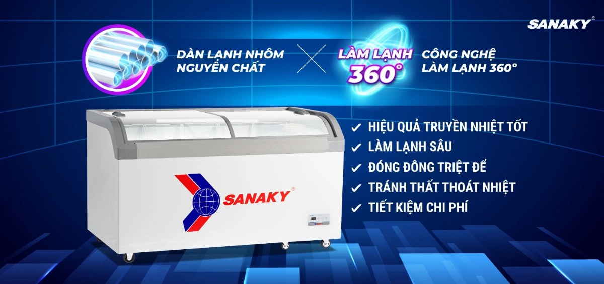 Tủ đông kính lùa Sanaky 500 lít VH-888KA - Dàn lạnh nhôm kết hợp công nghệ làm lạnh 360 độ