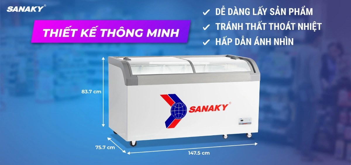 Tủ đông kính lùa Sanaky 500 lít VH-888KA - Mặt kính cong giúp trưng bày tối ưu
