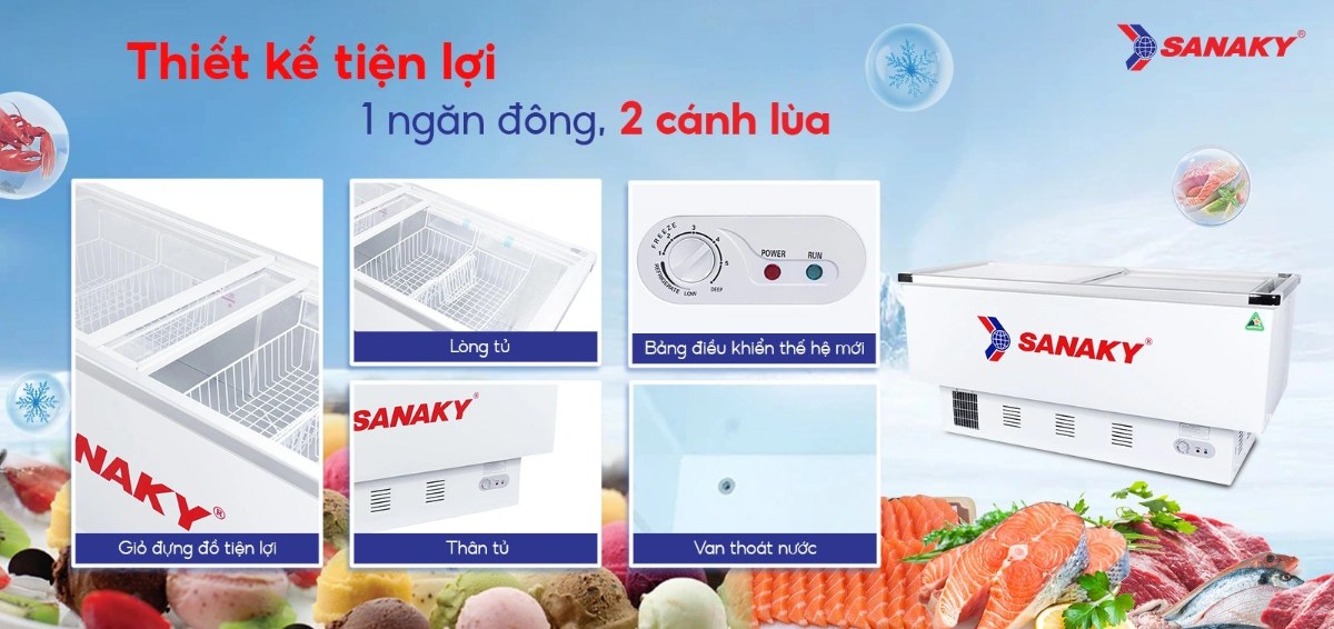 Tủ đông kính lùa Sanaky 516 lít VH-999K - Thiết kế tiện lợi 1 ngăn đông 2 cánh lùa