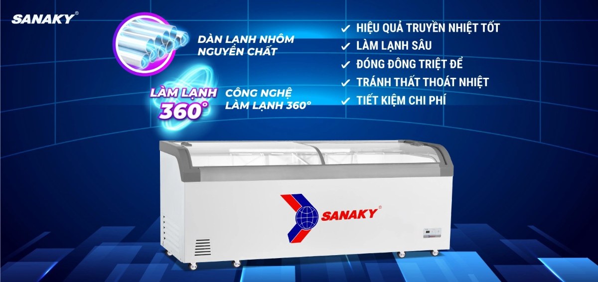 Tủ đông kính lùa Sanaky 750 lít VH-1008KA - Dàn lạnh nhôm kết hợp công nghệ làm lạnh 360 độ