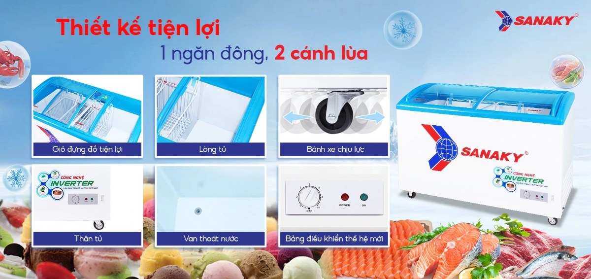 Tủ đông kính lùa Sanaky Inverter 260 lít VH-3899K3 - Thiết kế tiện lợi 1 ngăn đông 2 cánh lùa