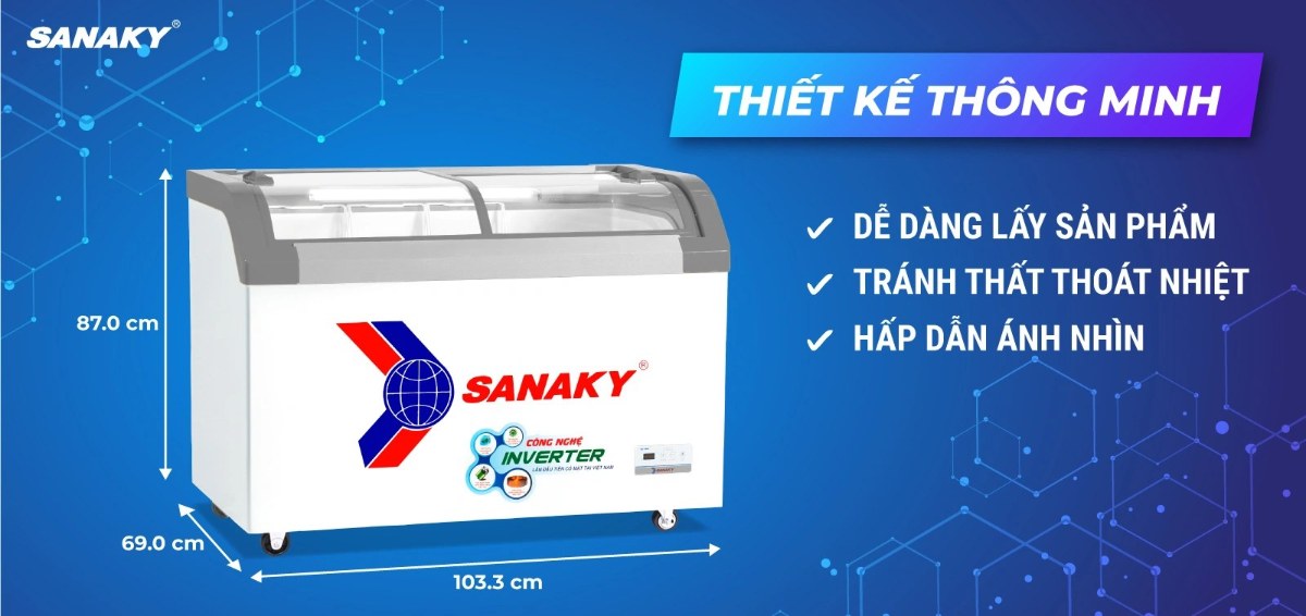 Tủ đông kính lùa Sanaky Inverter 280 lít VH-3899K3B - Mặt kính cong giúp trưng bày tối ưu