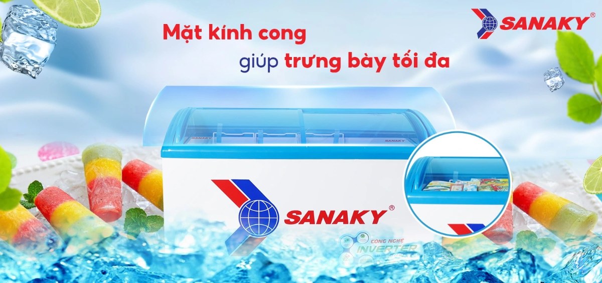 Tủ đông kính lùa Sanaky Inverter 324 lít VH-4899K3 - Mặt kính cong giúp trưng bày tối ưu