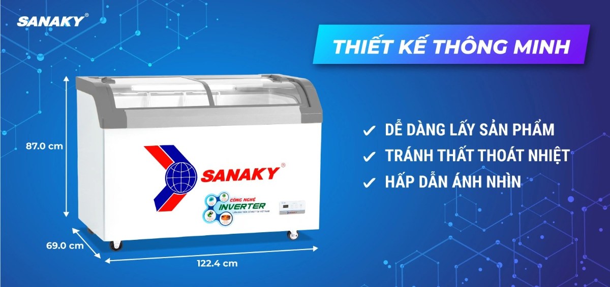 Tủ đông kính lùa Sanaky Inverter 350 lít VH-4899K3B - Mặt kính cong giúp trưng bày tối ưu