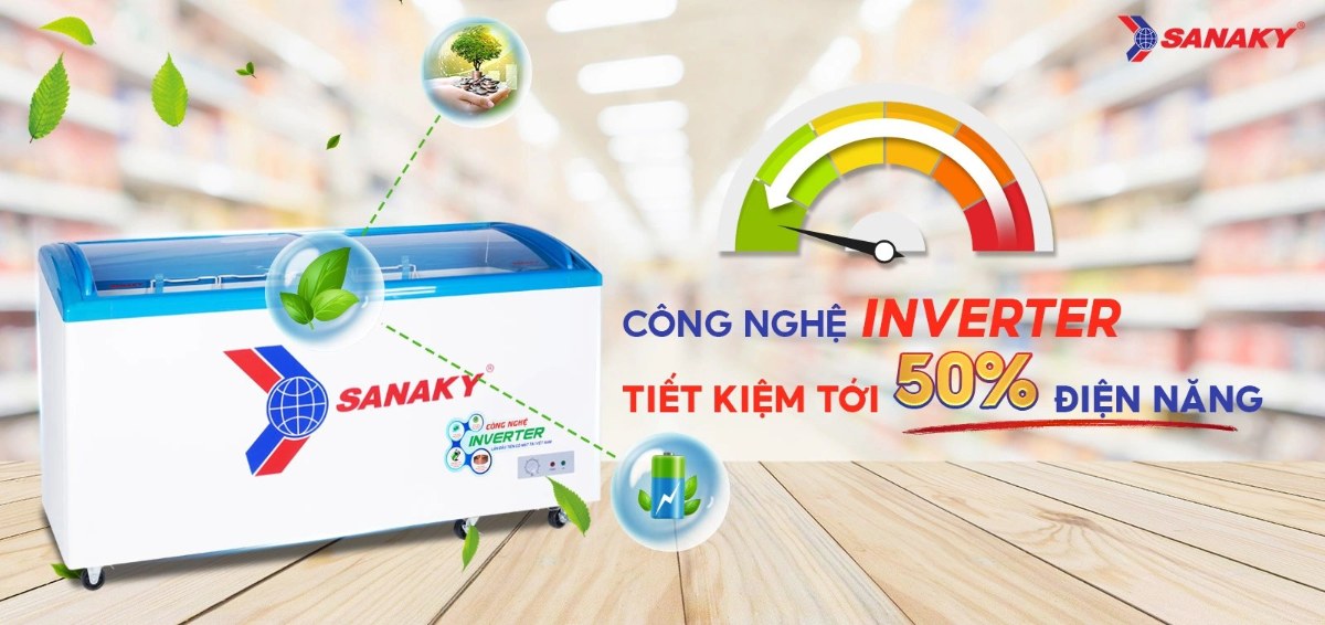 Tủ đông kính lùa Sanaky Inverter 437 lít VH-6899K3 - Công nghệ Inverter tiết kiệm tới 50% điện điện năng