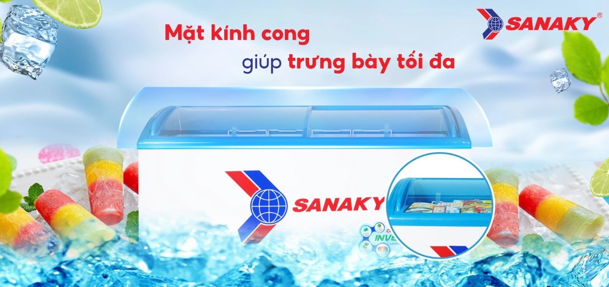 Tủ đông kính lùa Sanaky Inverter 437 lít VH-6899K3 - Mặt kính cong giúp trưng bày tối ưu