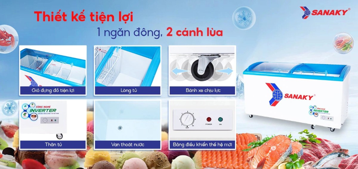Tủ đông kính lùa Sanaky Inverter 437 lít VH-6899K3 - Thiết kế tiện lợi 1 ngăn đông 2 cánh lùa