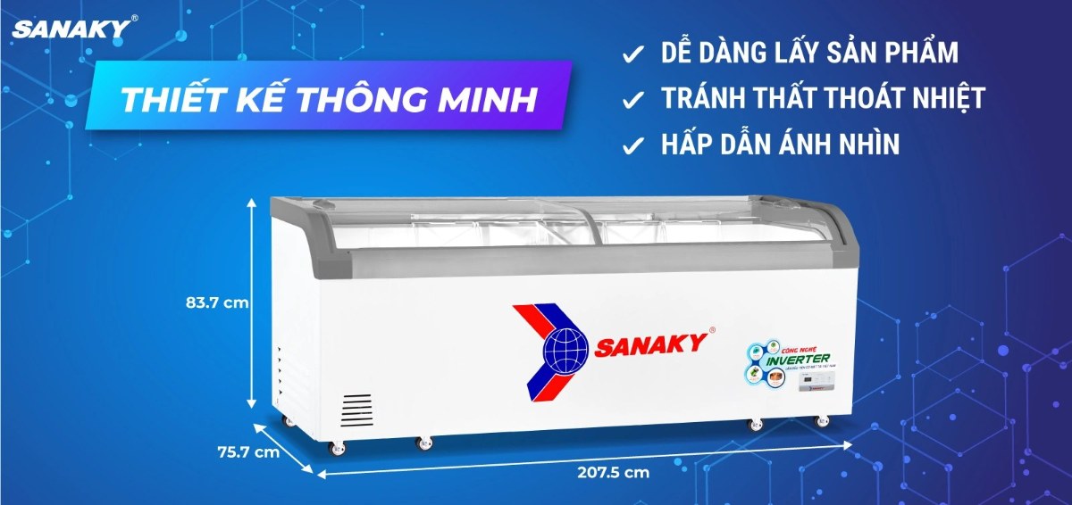 Tủ đông kính lùa Sanaky Inverter 750 lít VH-1099K3A - Mặt kính cong giúp trưng bày tối ưu