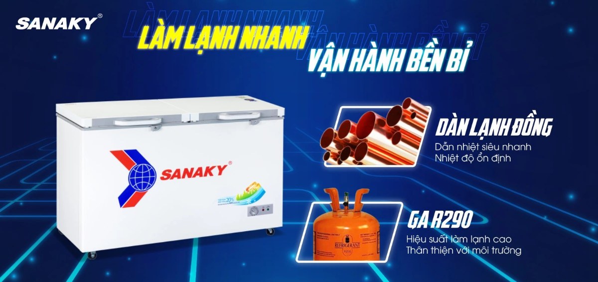Tủ đông Sanaky 410 lít VH-5699HYK - Dàn lạnh bằng đồng kết hợp công nghệ làm lạnh 360 độ