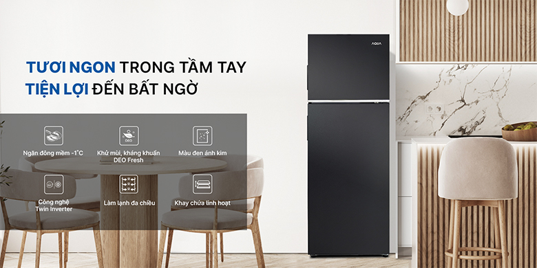 Tủ lạnh Aqua Inverter 236 lít AQR-T260FA (FB) - Thiết kế hiện đại, tinh tế