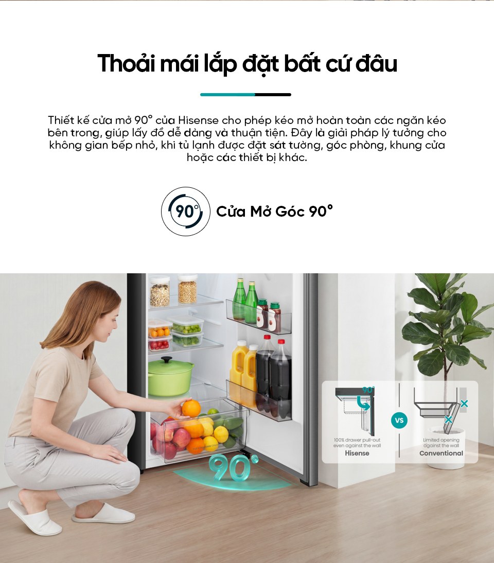 Tủ lạnh Hisense Inverter 251 lít RT251N3AS - Lắp đặt linh hoạt, mở cửa 90 độ