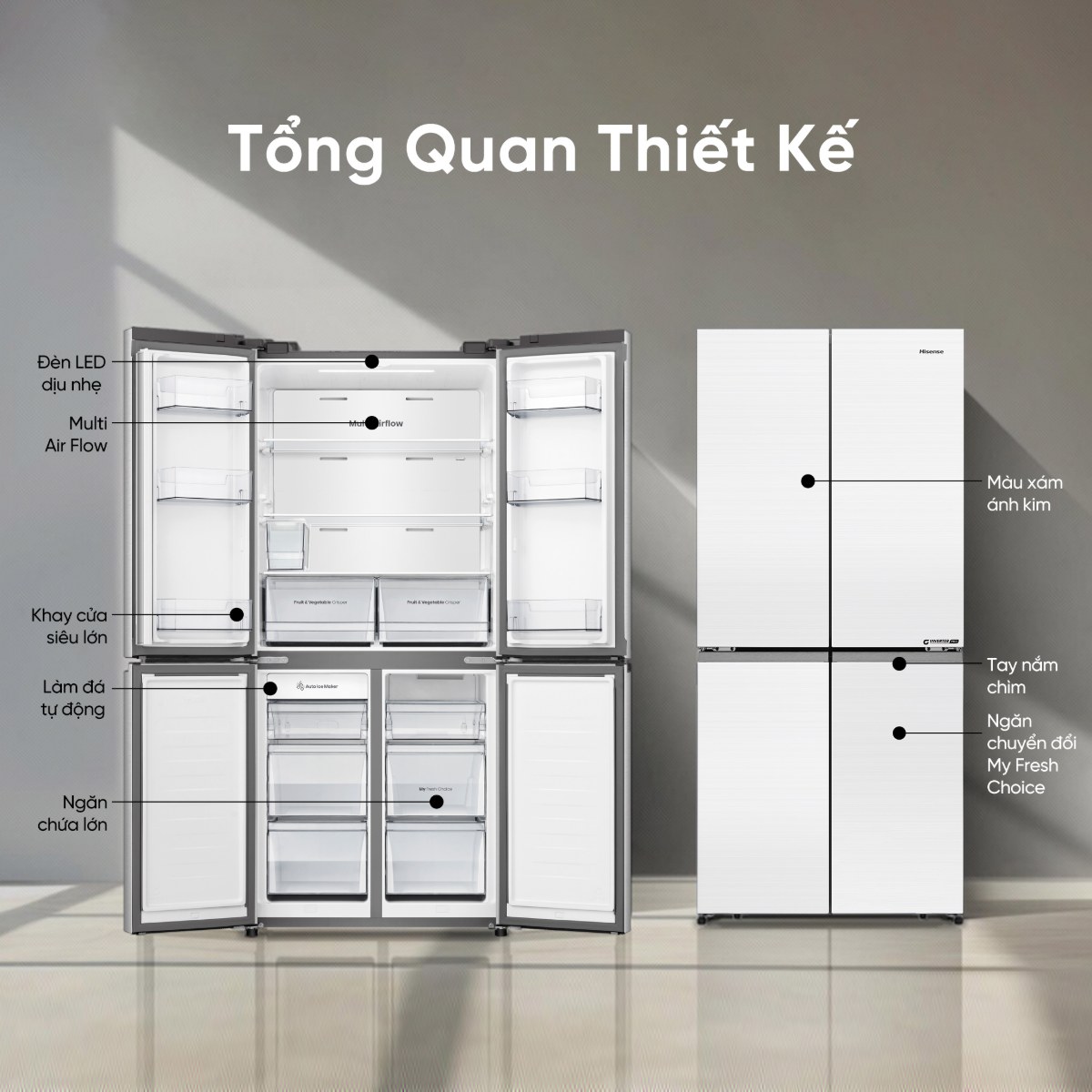 Tủ lạnh Hisense Inverter 488 lít Multi Door RQ470P5GW - Tổng quan thiết kế Multi Door 488 lít