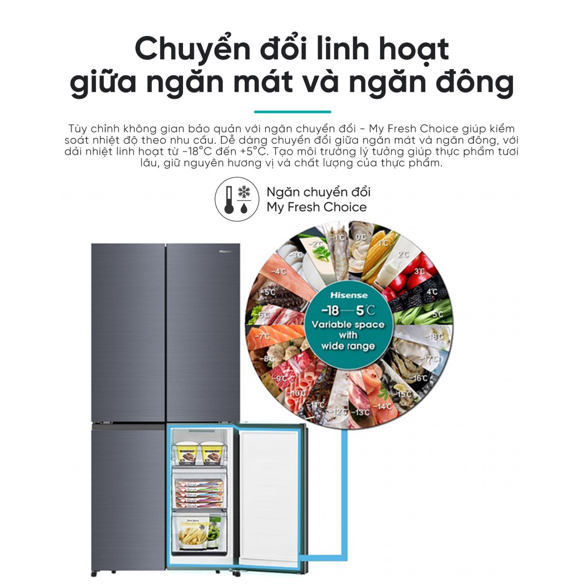 Tủ lạnh Hisense Inverter 488 lít Multi Door RQ630N4EBUI3 Mới 2026 - Ngăn chuyển đổi linh hoạt My Fresh Choice