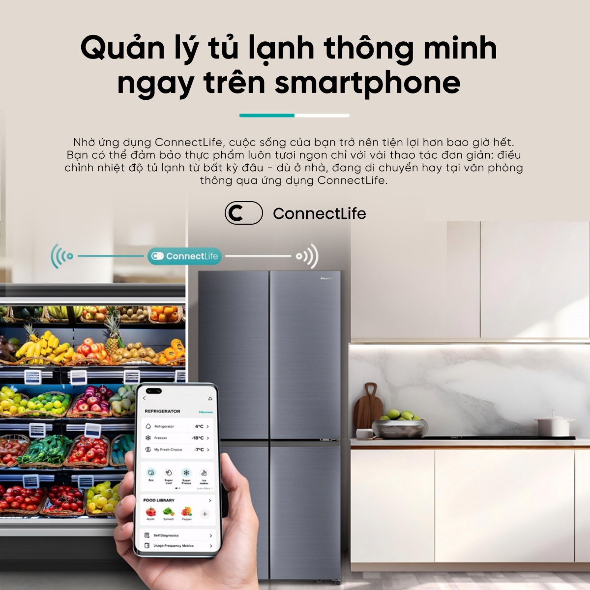 Tủ lạnh Hisense Inverter 488 lít Multi Door RQ630N4EBUI3 Mới 2026 - Quản lý tủ lạnh qua smartphone