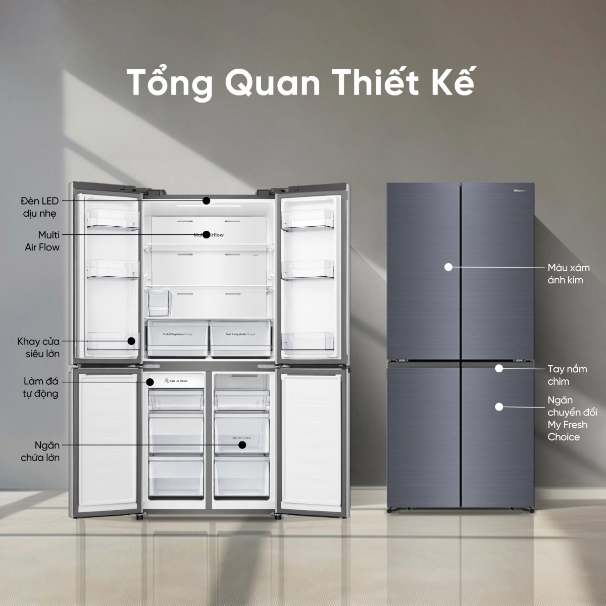 Tủ lạnh Hisense Inverter 488 lít Multi Door RQ630N4EBUI3 Mới 2026 - Tổng quan thiết kế Multi Door 488 lít
