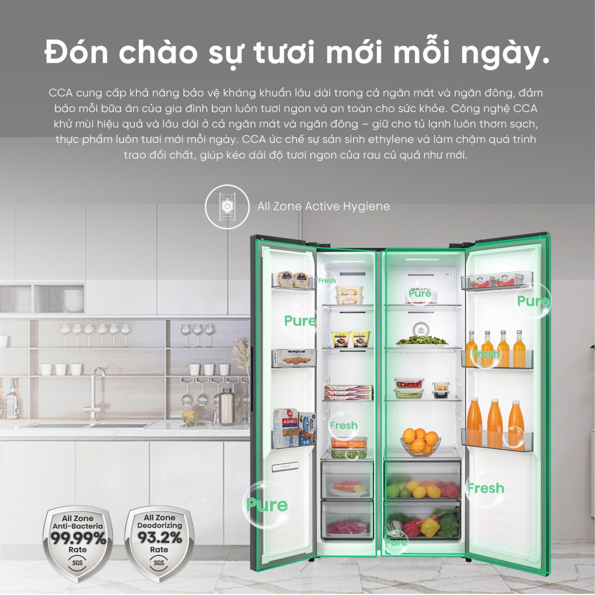 Tủ lạnh Hisense Inverter 544 lít Side By Side RS708N4EBN Mới 2026 - Diệt khuẩn toàn diện All Zone Active Hygiene