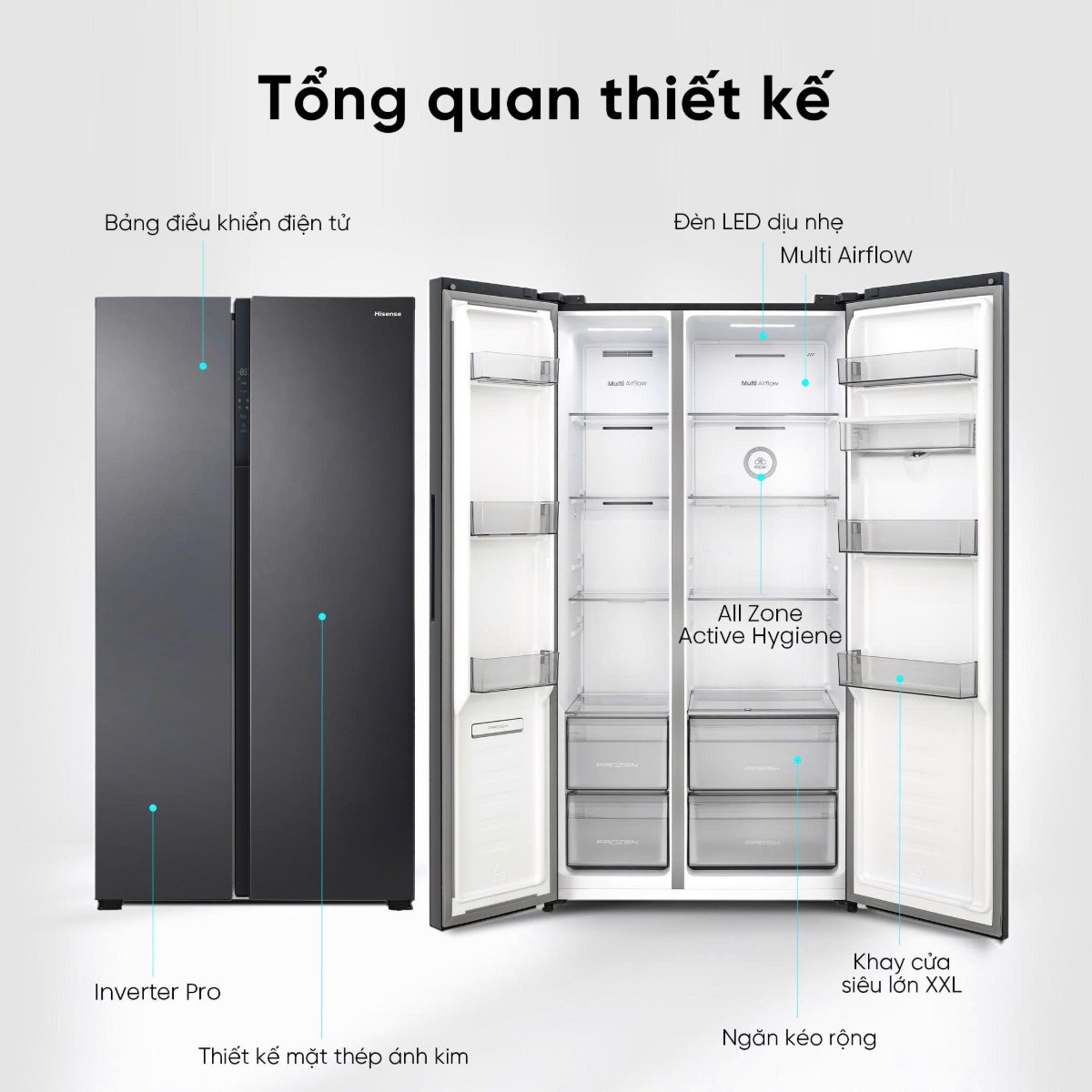 Tủ lạnh Hisense Inverter 544 lít Side By Side RS708N4EBN Mới 2026 - Tổng quan thiết kế Side By Side 544 lít