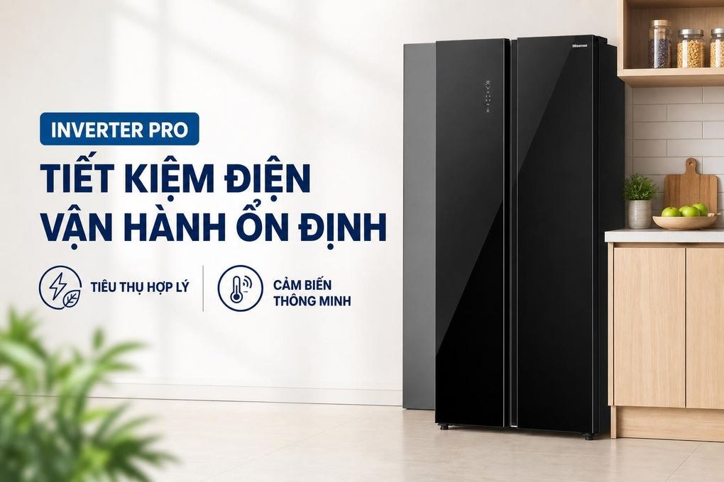 Tủ lạnh Hisense Inverter 544 lít Side By Side RS708N4EBU Mới 2026 - Inverter Pro kết hợp cảm biến nhiệt độ thông minh hỗ trợ tiết kiệm điện khi vận hành liên tục