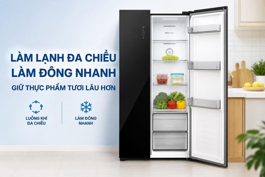 Tủ lạnh Hisense Inverter 544 lít Side By Side RS708N4EBU Mới 2026 - Làm lạnh đa chiều và làm đông nhanh hỗ trợ giữ thực phẩm tươi lâu hơn