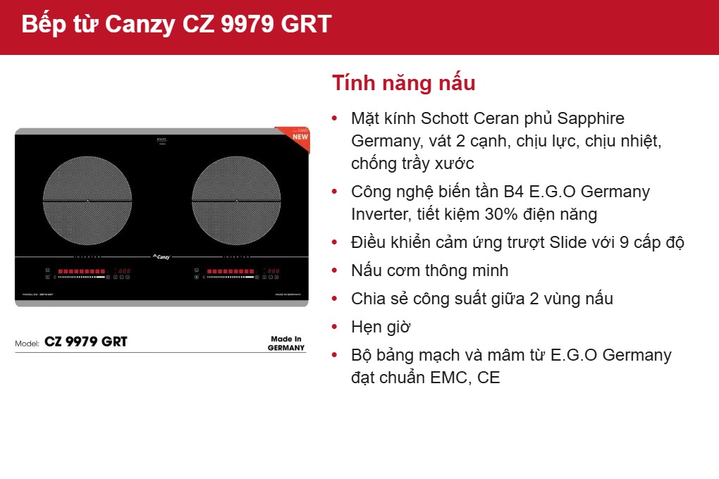 Bếp từ đôi Canzy Inverter CZ 9979 GRT Xuất xứ Đức - Nhiều chức năng nấu tiện lợi