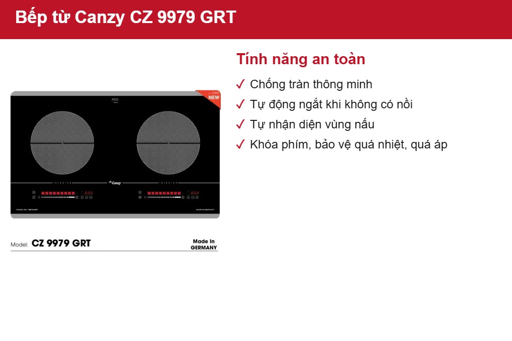 Bếp từ đôi Canzy Inverter CZ 9979 GRT Xuất xứ Đức - Tính năng an toàn cho cả gia đình