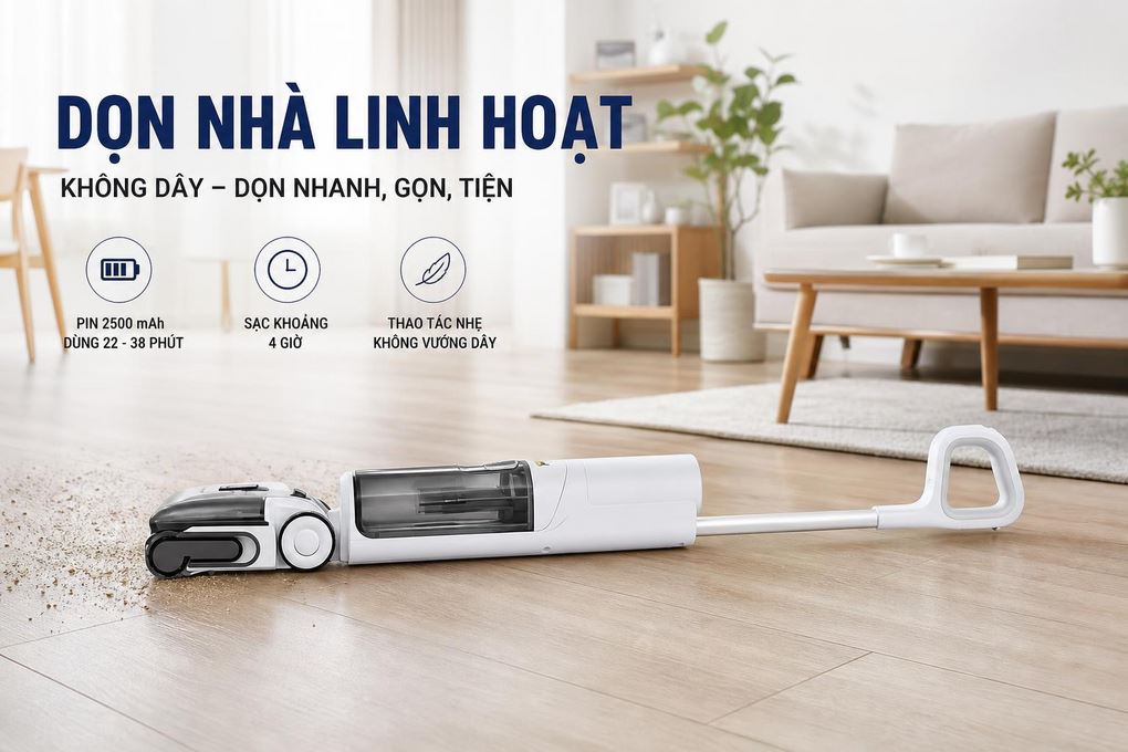 Lực hút 20.000 Pa, làm sạch hiệu quả các loại sàn